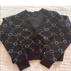 Witty Fox Cropped Sweater Brown w Blue Heart Argyle Heart Pattern Cardigan XL